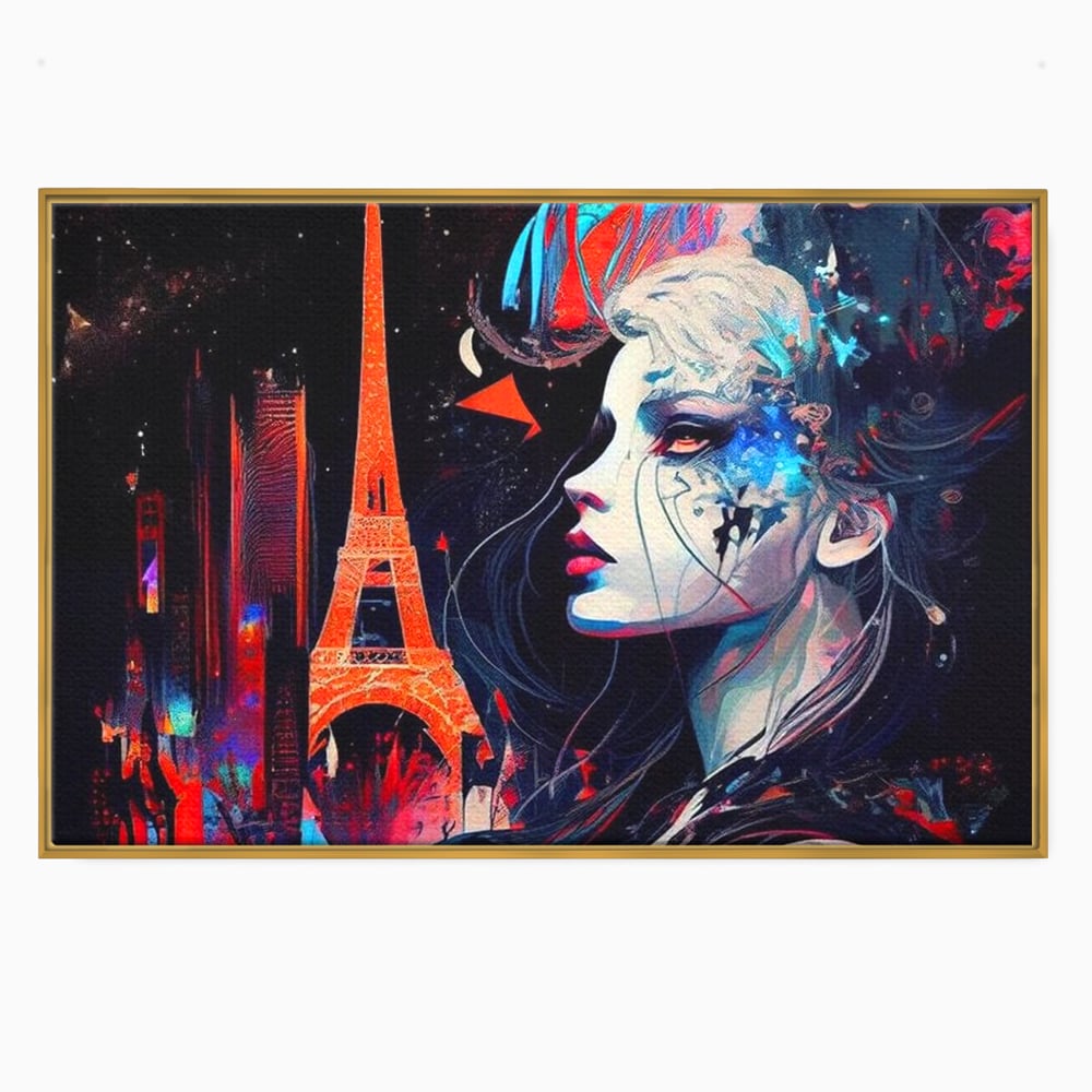 Tablou canvas cu tablou canvas cu femeie si turnul eiffel, in rama de aluminiu auriu