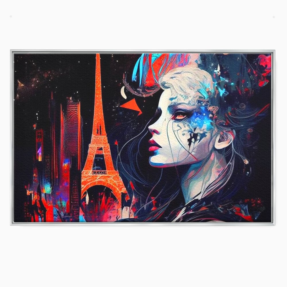 Tablou canvas cu tablou canvas cu femeie si turnul eiffel, in rama de aluminiu argintiu