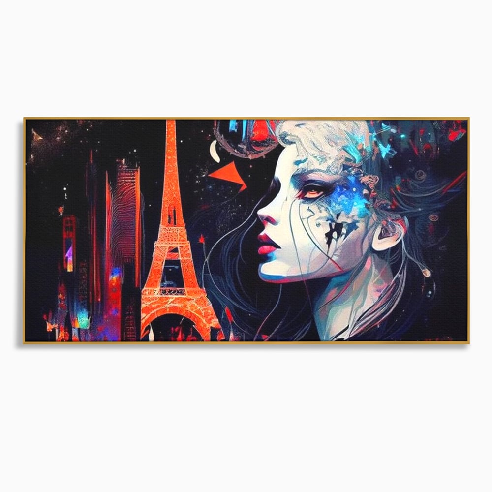 Tablou canvas cu tablou canvas cu femeie si turnul eiffel, in rama de aluminiu auriu