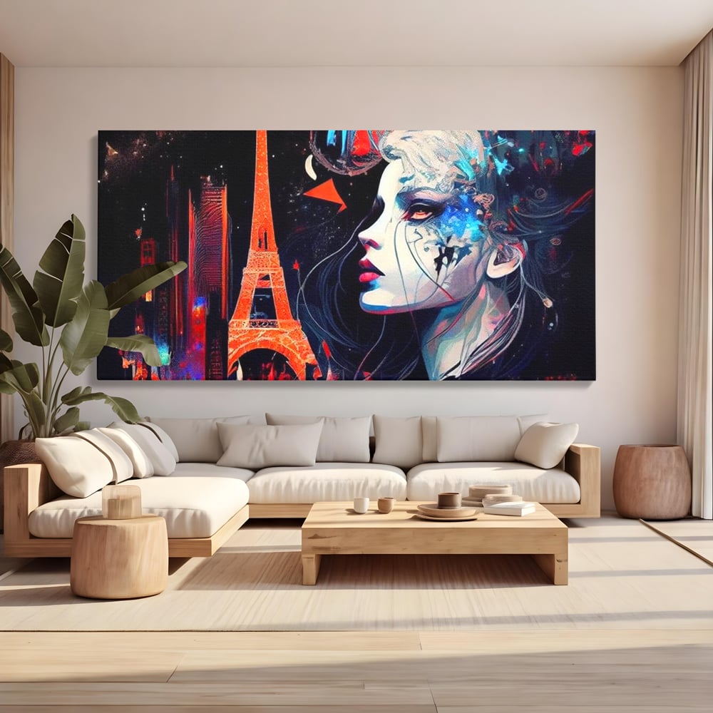 Tablou canvas cu tablou canvas cu femeie si turnul eiffel, fara rama, pe sasiu de lemn, pe perete intr-un living
