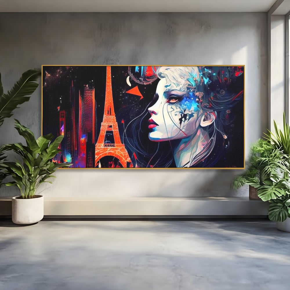 Tablou canvas cu tablou canvas cu femeie si turnul eiffel, in rama de aluminiu auriu