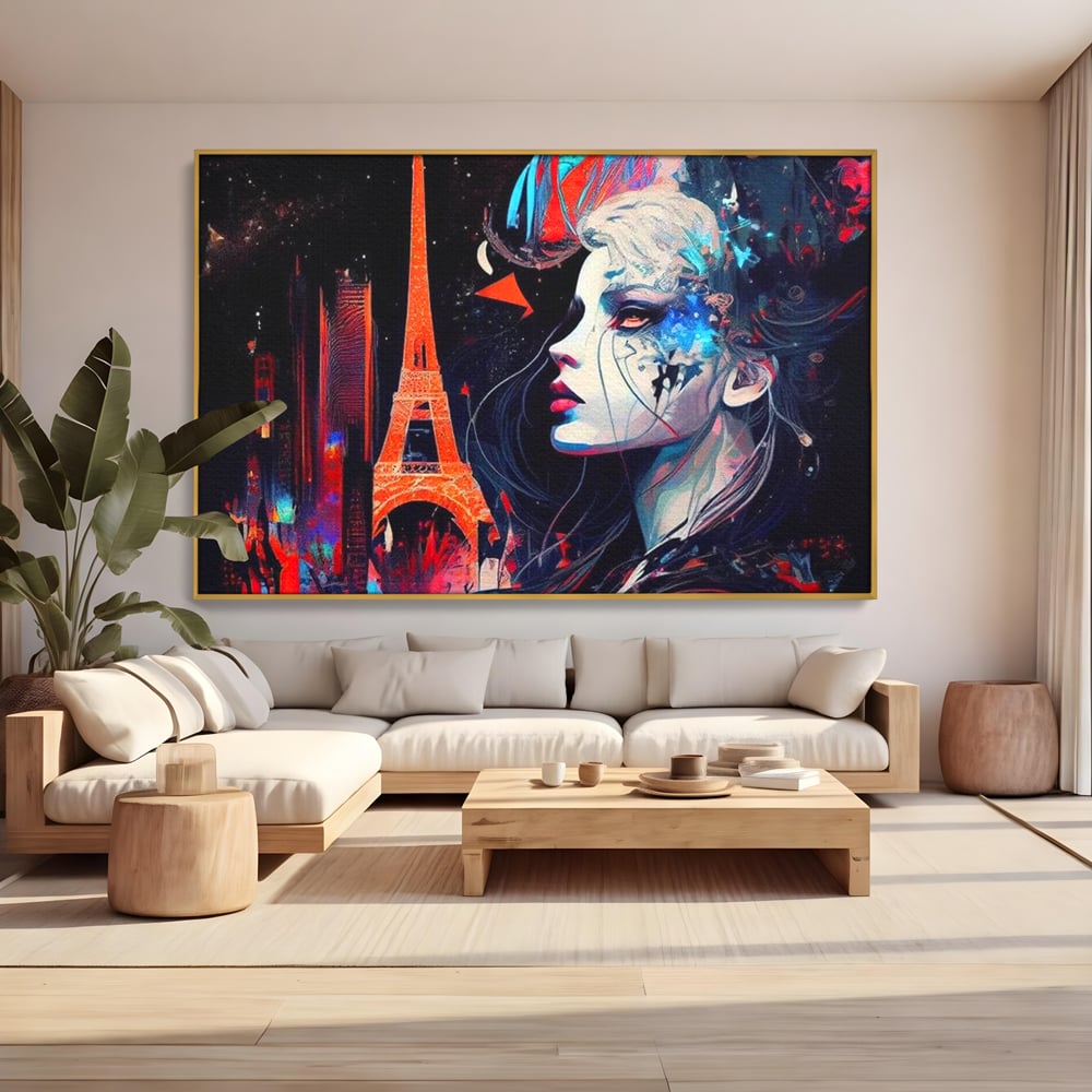Tablou canvas cu tablou canvas cu femeie si turnul eiffel, in rama de aluminiu auriu, pe perete intr-un living