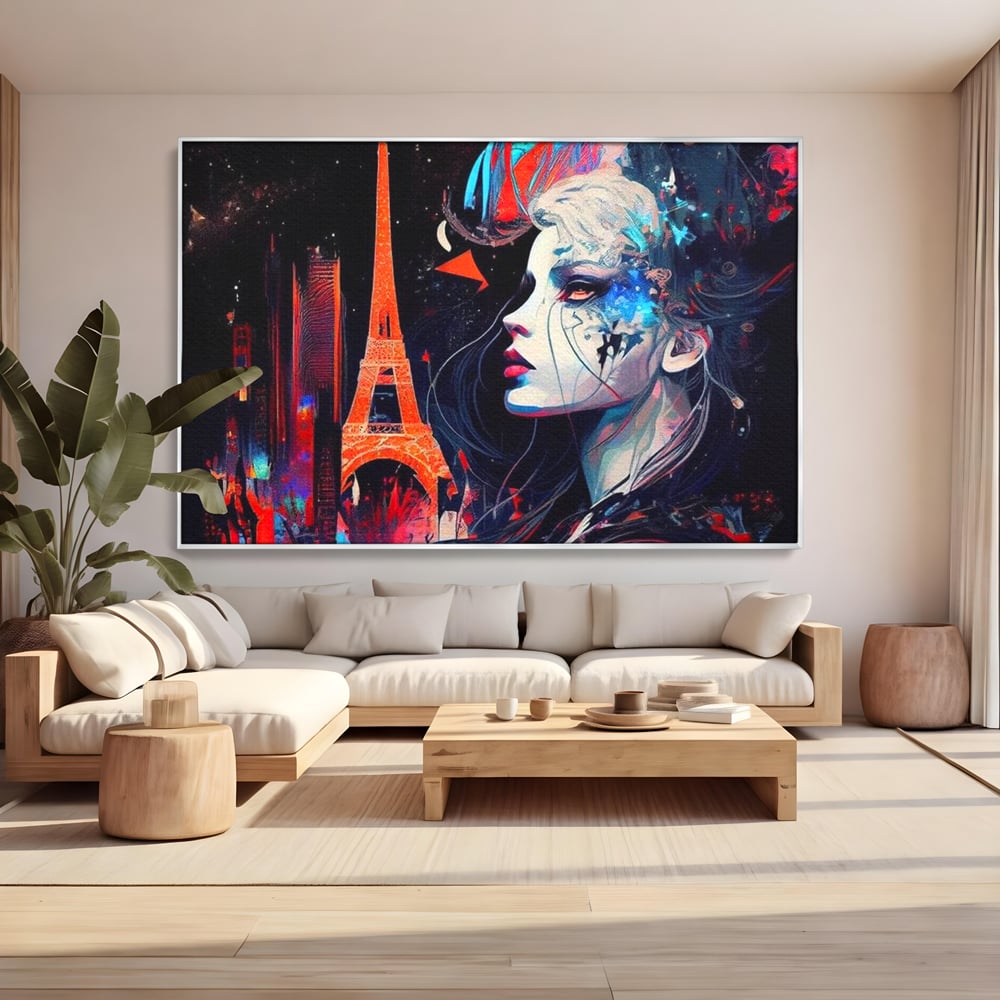 Tablou canvas cu tablou canvas cu femeie si turnul eiffel, in rama de aluminiu argintiu, pe perete intr-un living