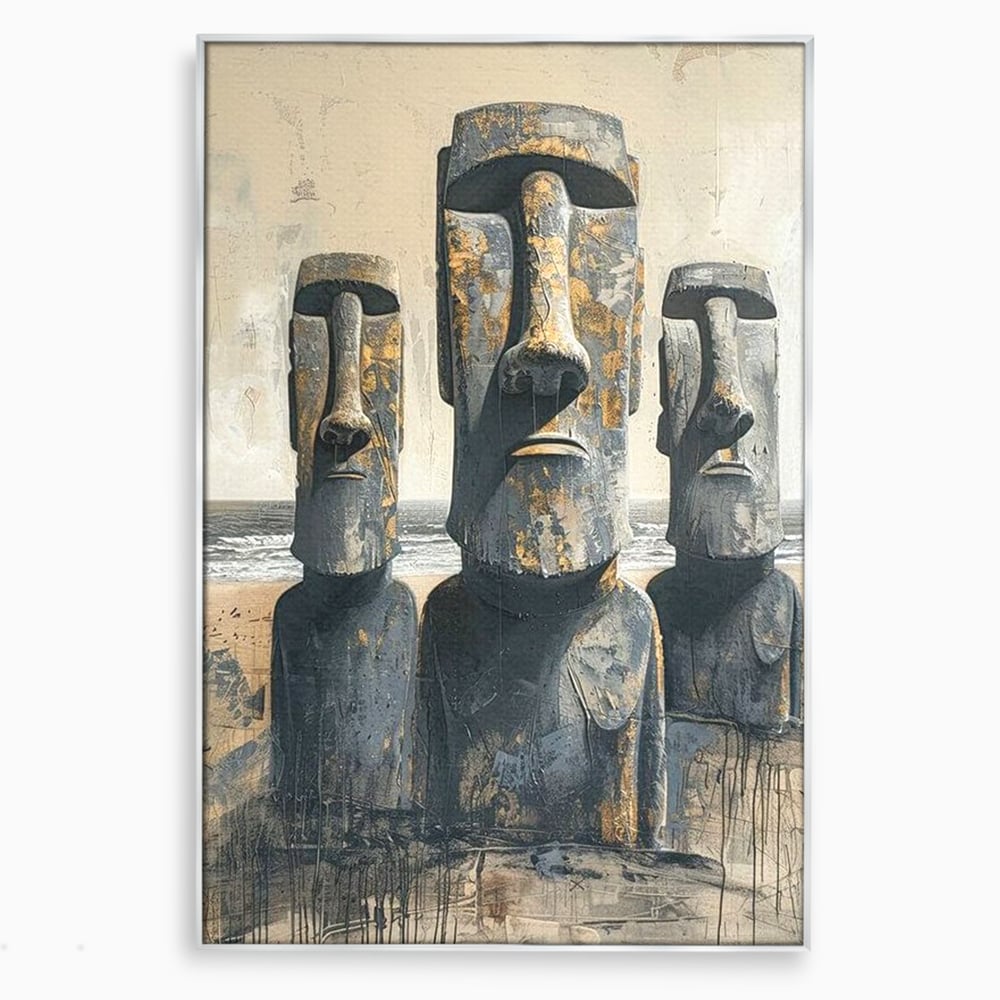 Tablou canvas cu statui moai din piatra, in rama de aluminiu argintiu