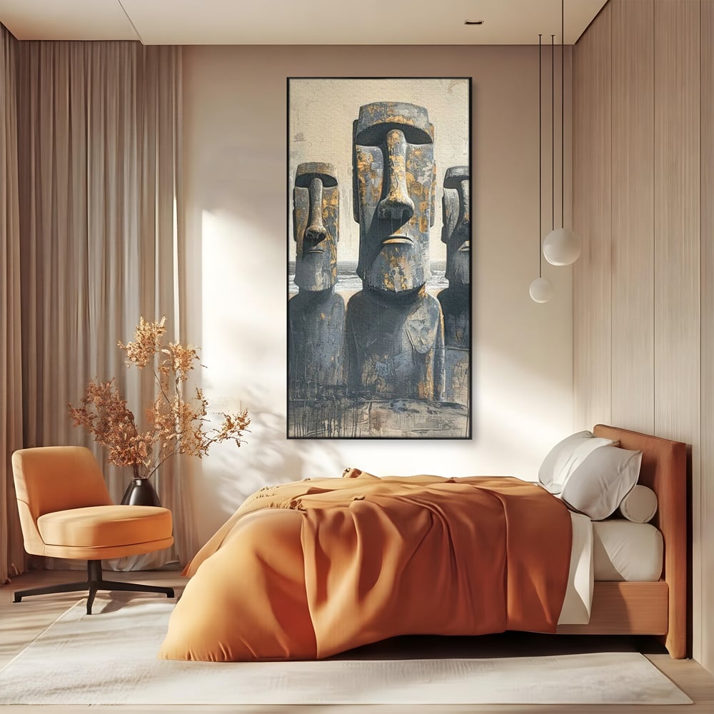 Tablou canvas cu statui moai din piatra, in rama de aluminiu negru, pe perete intr-un dormitor