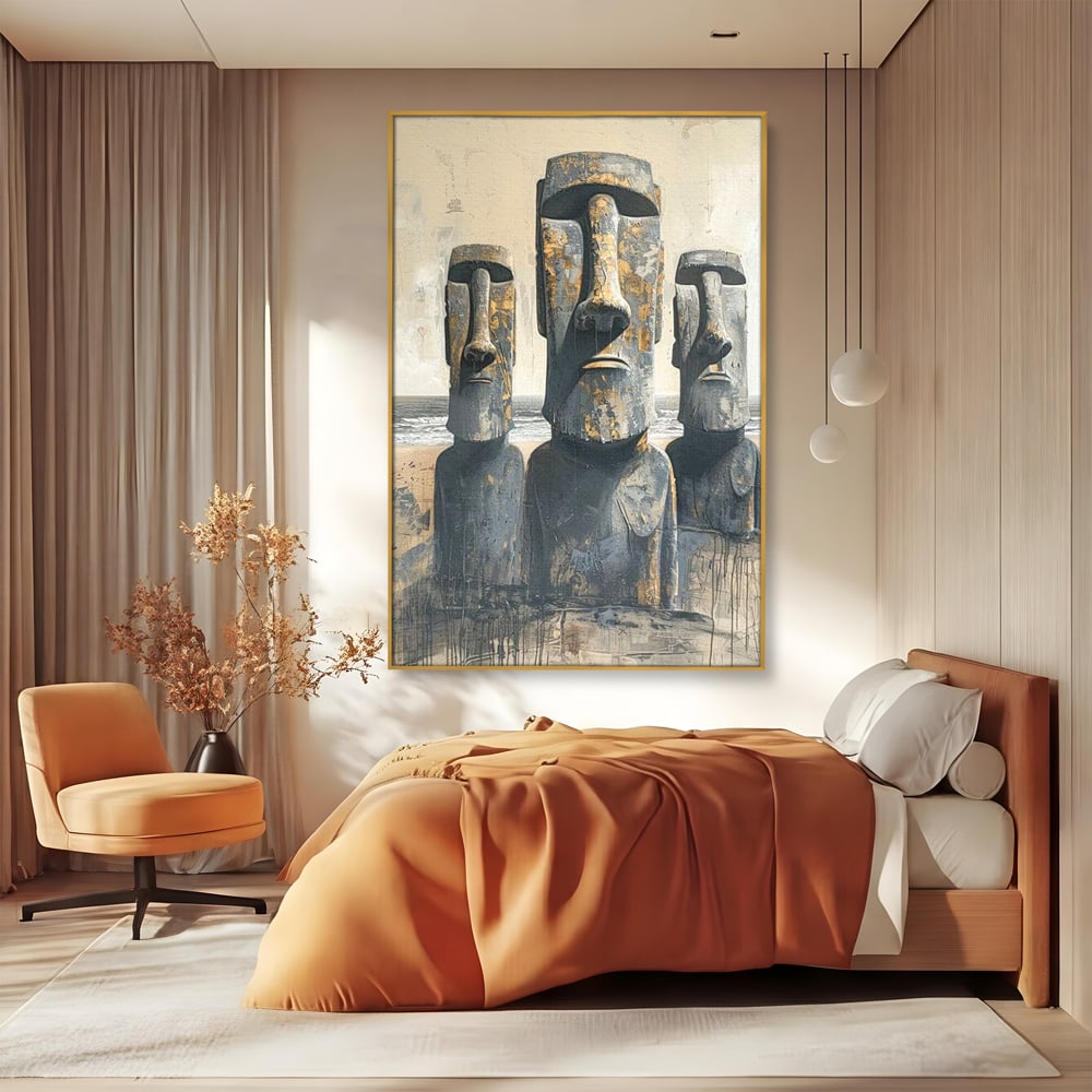 Tablou canvas cu statui moai din piatra, in rama de aluminiu auriu, pe perete intr-un dormitor
