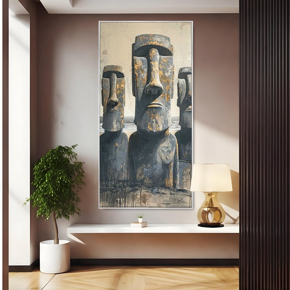Tablou canvas cu statui moai din piatra, in rama de aluminiu argintiu