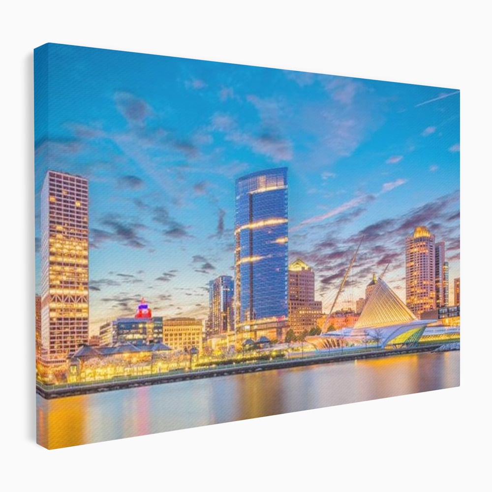 Tablou canvas cu panorami urbana nocturna milwaukee pe apa, fara rama, pe sasiu de lemn