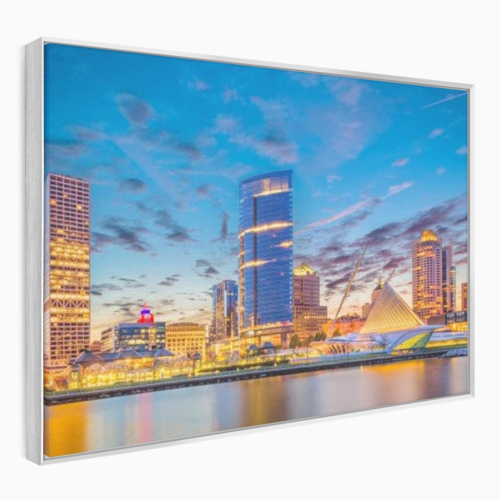Tablou canvas cu panorami urbana nocturna milwaukee pe apa, in rama de aluminiu argintiu