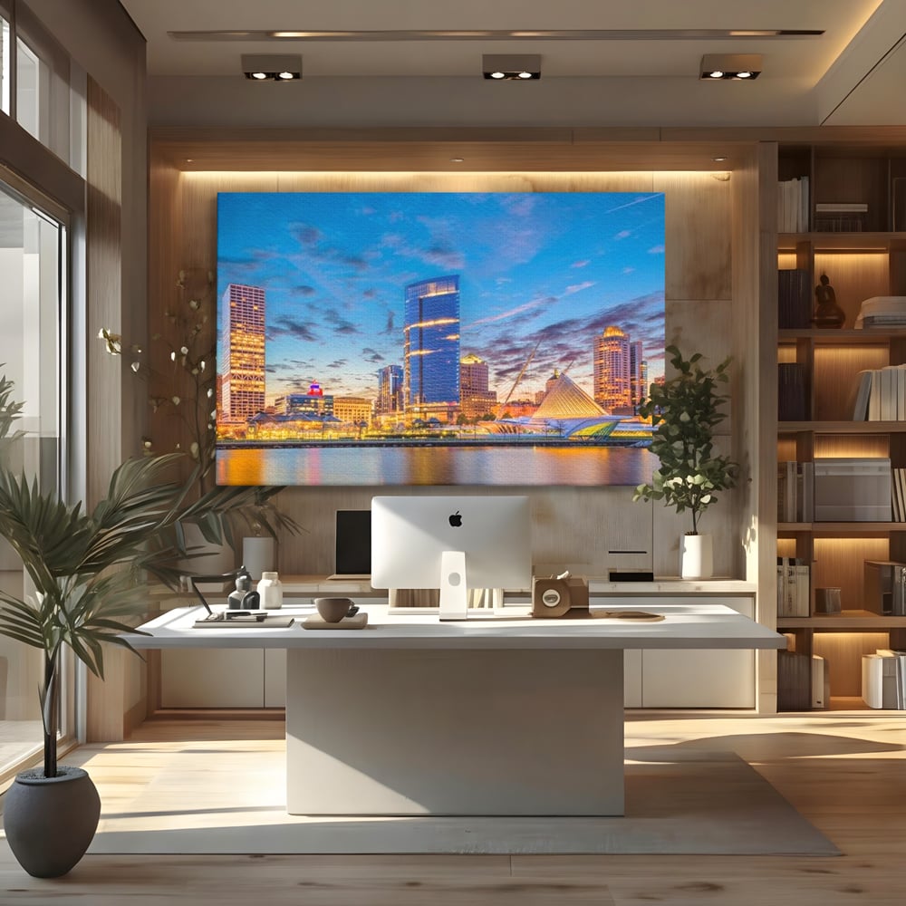 Tablou canvas cu panorami urbana nocturna milwaukee pe apa, fara rama, pe sasiu de lemn, pe perete intr-un birou