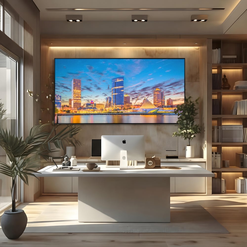 Tablou canvas cu panorami urbana nocturna milwaukee pe apa, in rama de aluminiu negru, pe perete intr-un birou