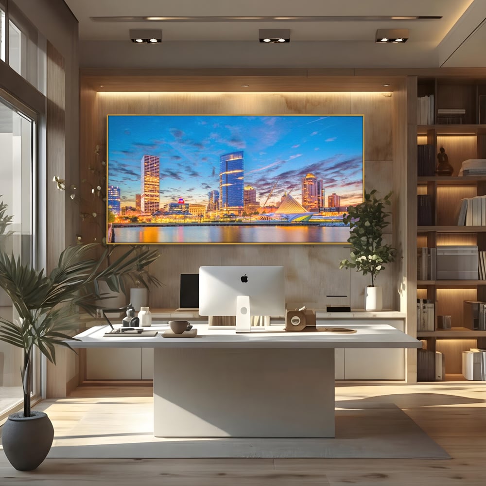 Tablou canvas cu panorami urbana nocturna milwaukee pe apa, in rama de aluminiu auriu, pe perete intr-un birou