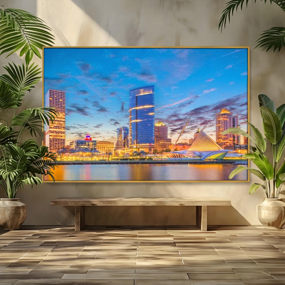Tablou canvas cu panorami urbana nocturna milwaukee pe apa, in rama de aluminiu auriu