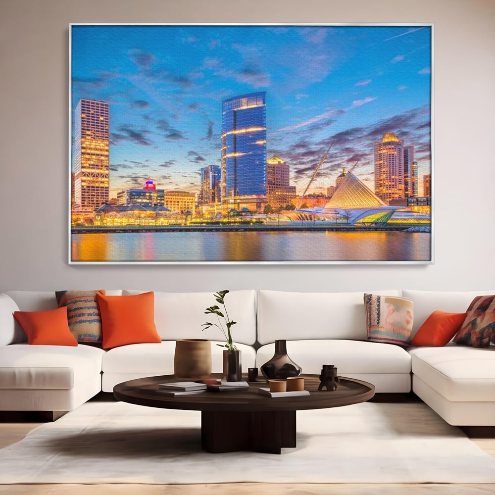 Tablou canvas cu panorami urbana nocturna milwaukee pe apa, in rama de aluminiu argintiu, pe perete intr-un living