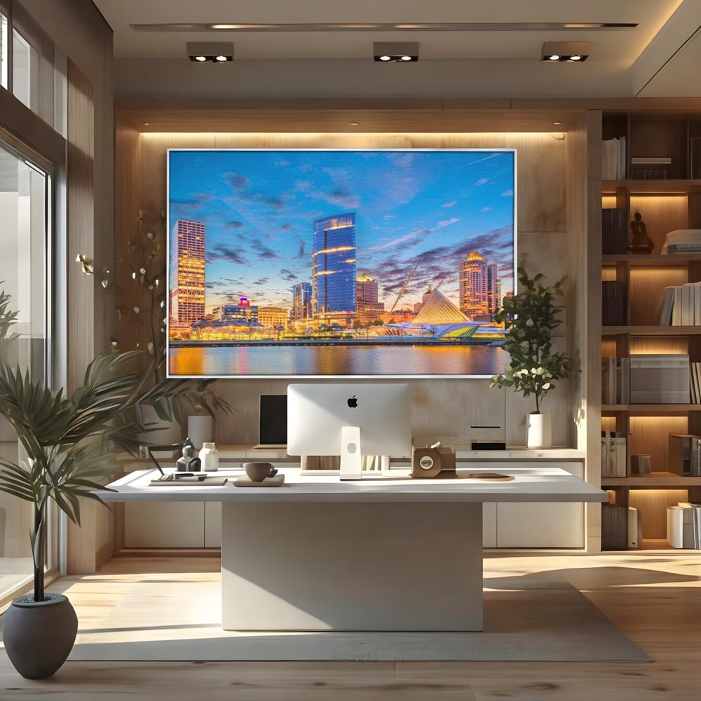 Tablou canvas cu panorami urbana nocturna milwaukee pe apa, in rama de aluminiu argintiu, pe perete intr-un birou