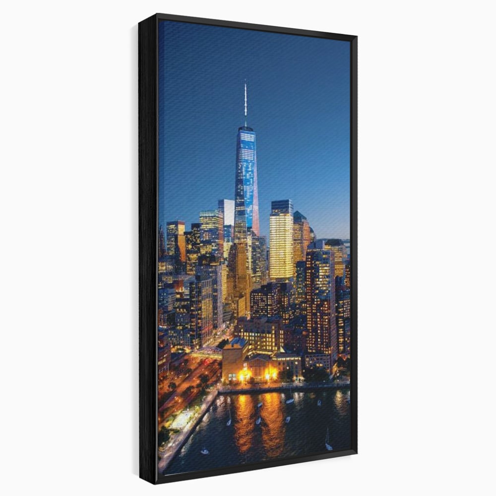 Tablou canvas cu panoramic nocturn cu zghiet-nori din new york, in rama de aluminiu negru
