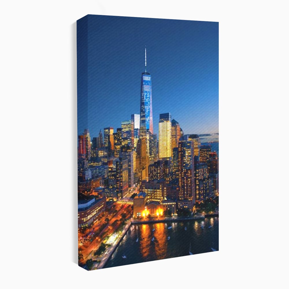 Tablou canvas cu panoramic nocturn cu zghiet-nori din new york, fara rama, pe sasiu de lemn