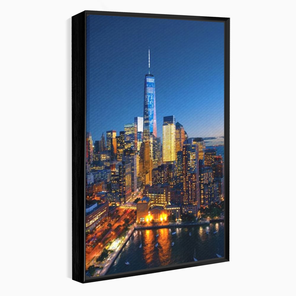 Tablou canvas cu panoramic nocturn cu zghiet-nori din new york, in rama de aluminiu negru