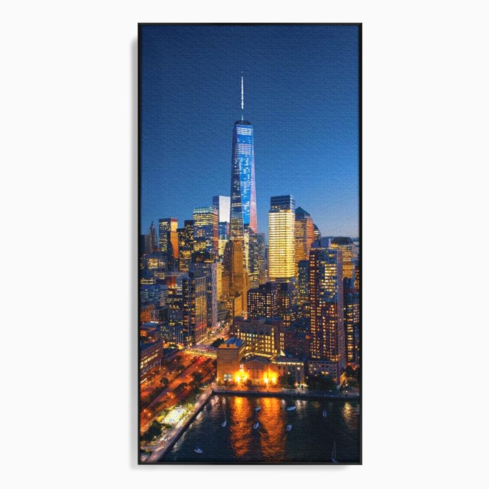Tablou canvas cu panoramic nocturn cu zghiet-nori din new york, in rama de aluminiu negru