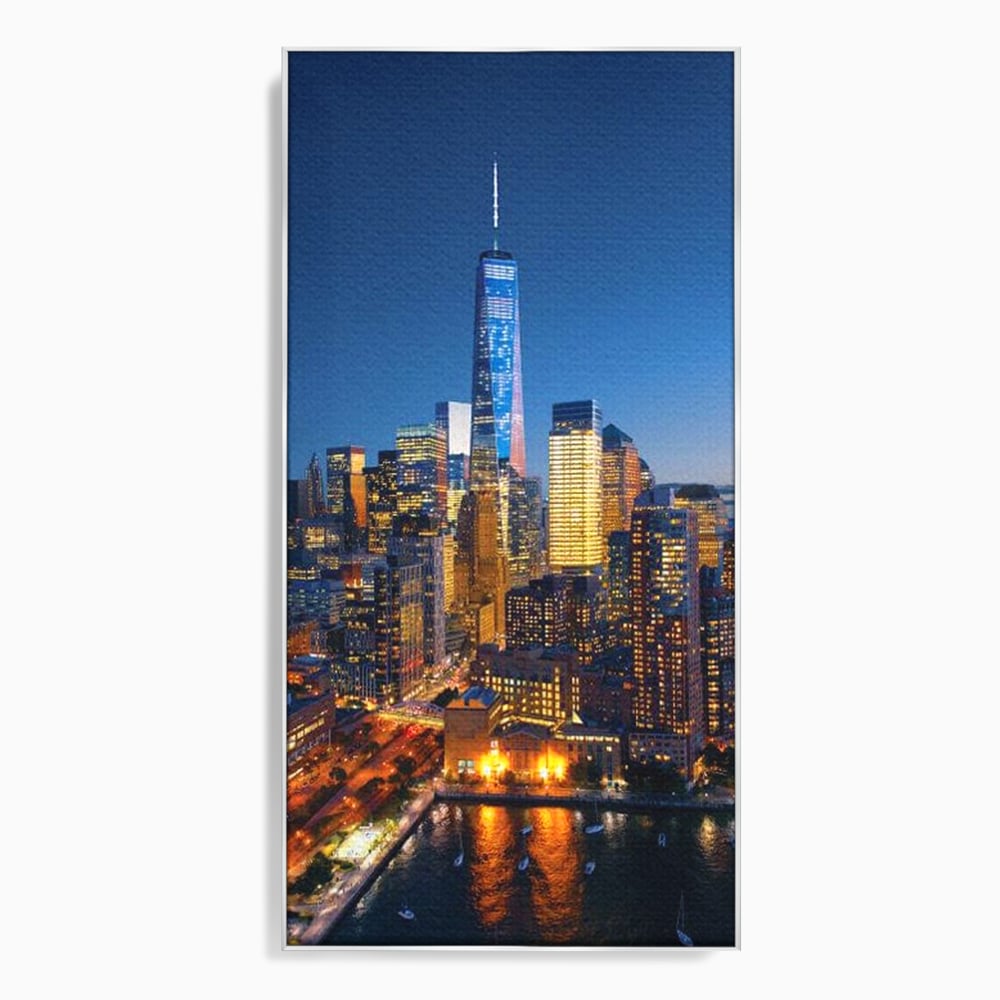 Tablou canvas cu panoramic nocturn cu zghiet-nori din new york, in rama de aluminiu argintiu