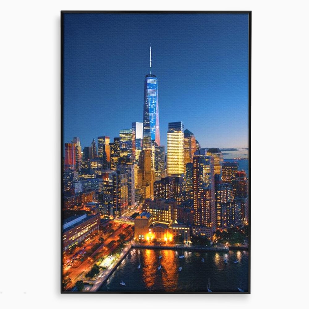 Tablou canvas cu panoramic nocturn cu zghiet-nori din new york, in rama de aluminiu negru