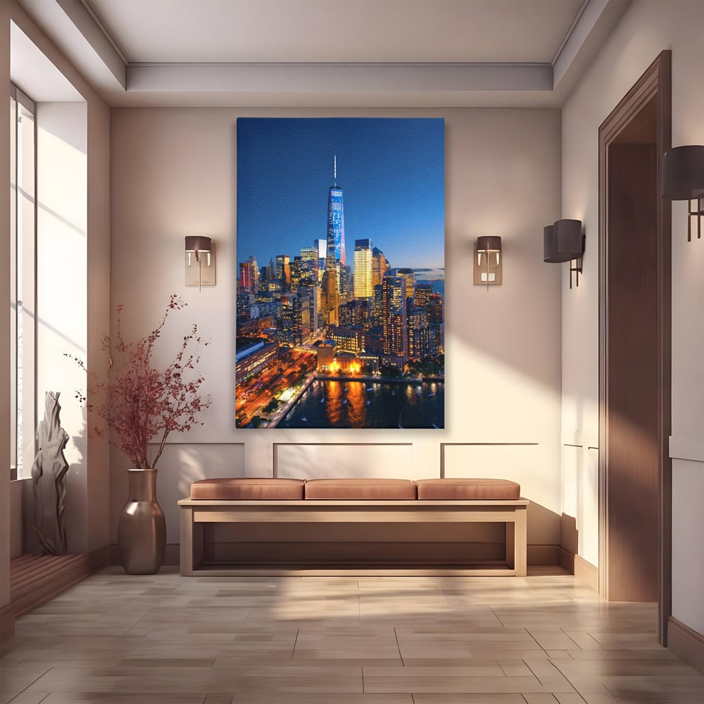 Tablou canvas cu panoramic nocturn cu zghiet-nori din new york, fara rama, pe sasiu de lemn