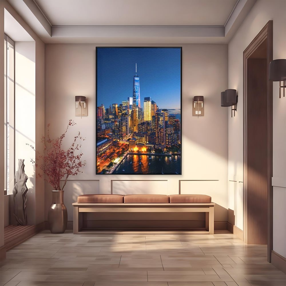 Tablou canvas cu panoramic nocturn cu zghiet-nori din new york, in rama de aluminiu negru