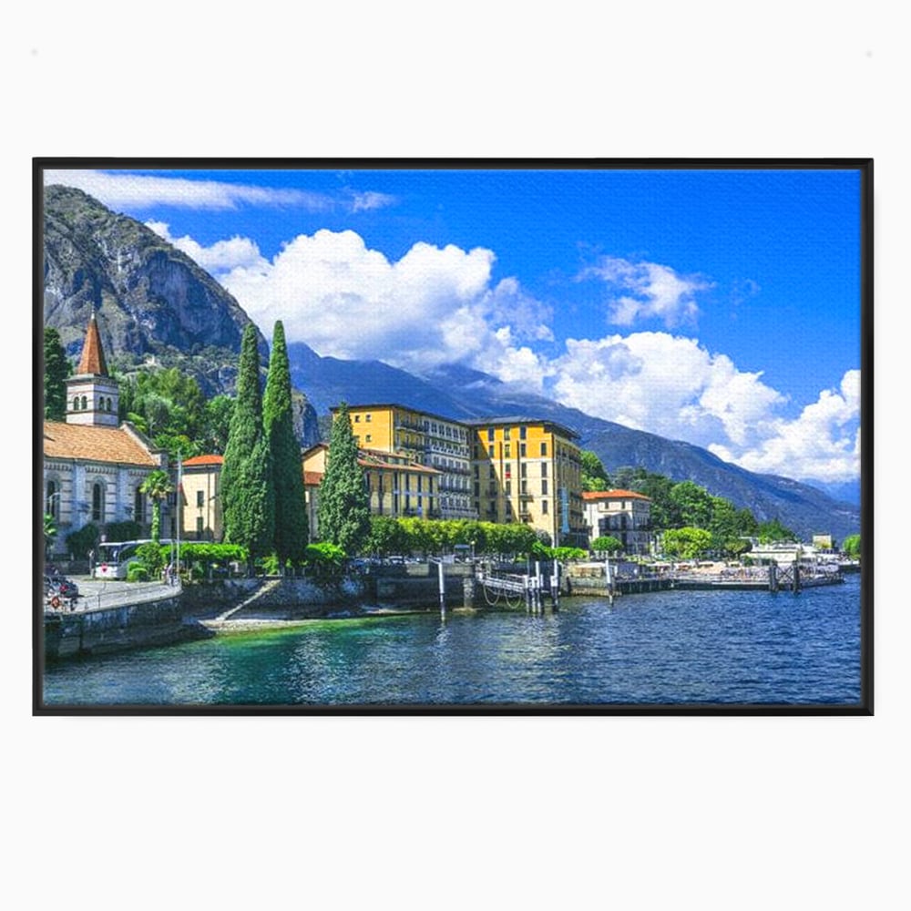 Tablou canvas cu peisaj urban pe malul lacului, in rama de aluminiu negru