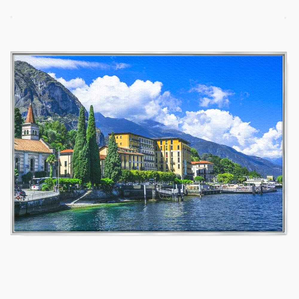 Tablou canvas cu peisaj urban pe malul lacului, in rama de aluminiu argintiu