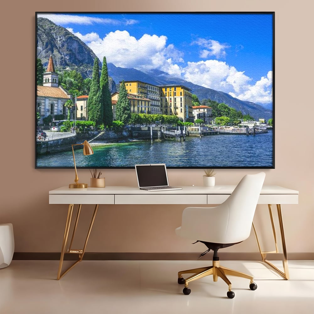 Tablou canvas cu peisaj urban pe malul lacului, in rama de aluminiu negru, pe perete intr-un birou