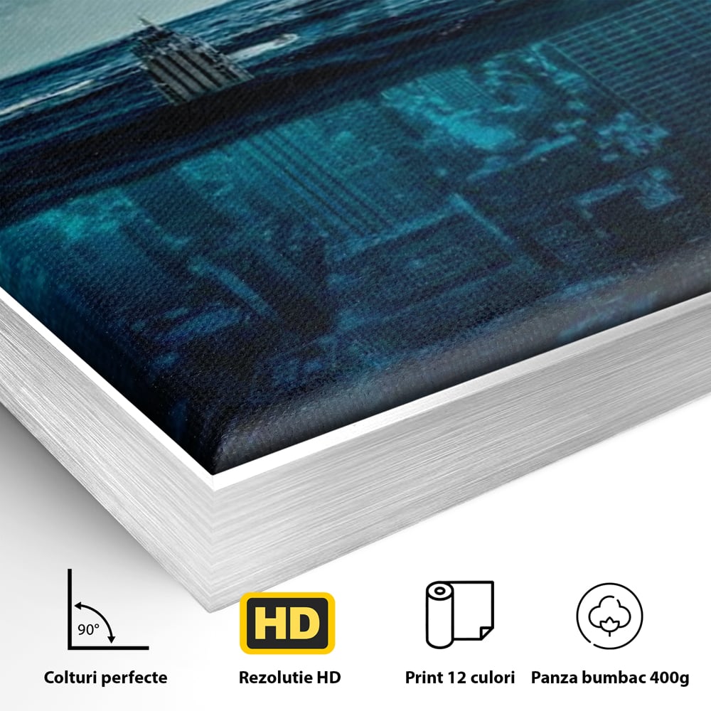 Detaliu al suprafetei: ilustratie digitala cu oras scufundat in ocean, in rama de aluminiu argintiu