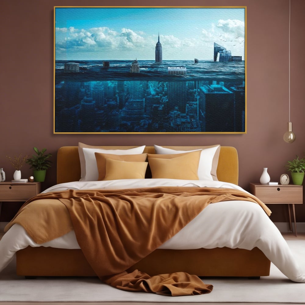 Tablou canvas cu ilustratie digitala cu oras scufundat in ocean, in rama de aluminiu auriu, pe perete intr-un dormitor