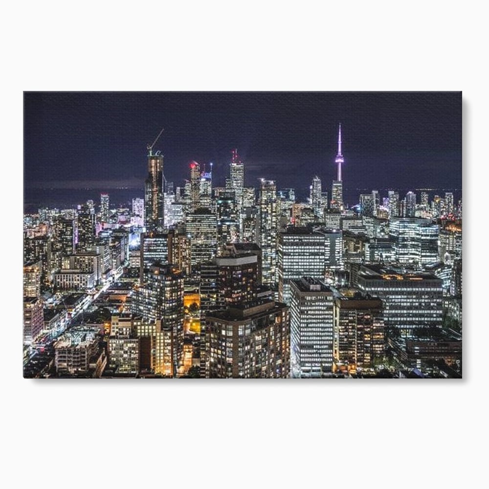 Tablou canvas cu panoramic nocturn cu toronto si cn tower, fara rama, pe sasiu de lemn