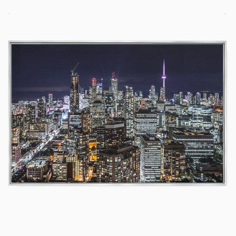 Tablou canvas cu panoramic nocturn cu toronto si cn tower, in rama de aluminiu argintiu