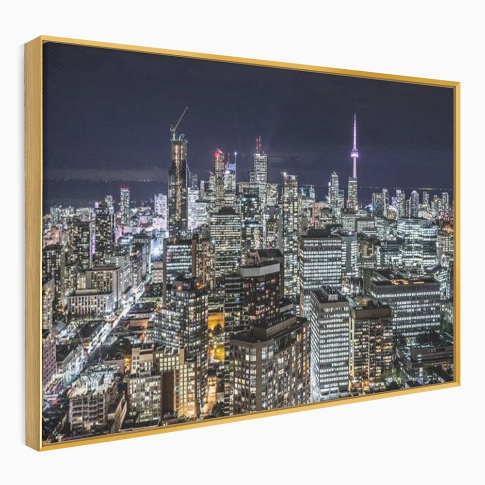 Tablou canvas cu panoramic nocturn cu toronto si cn tower, in rama de aluminiu auriu