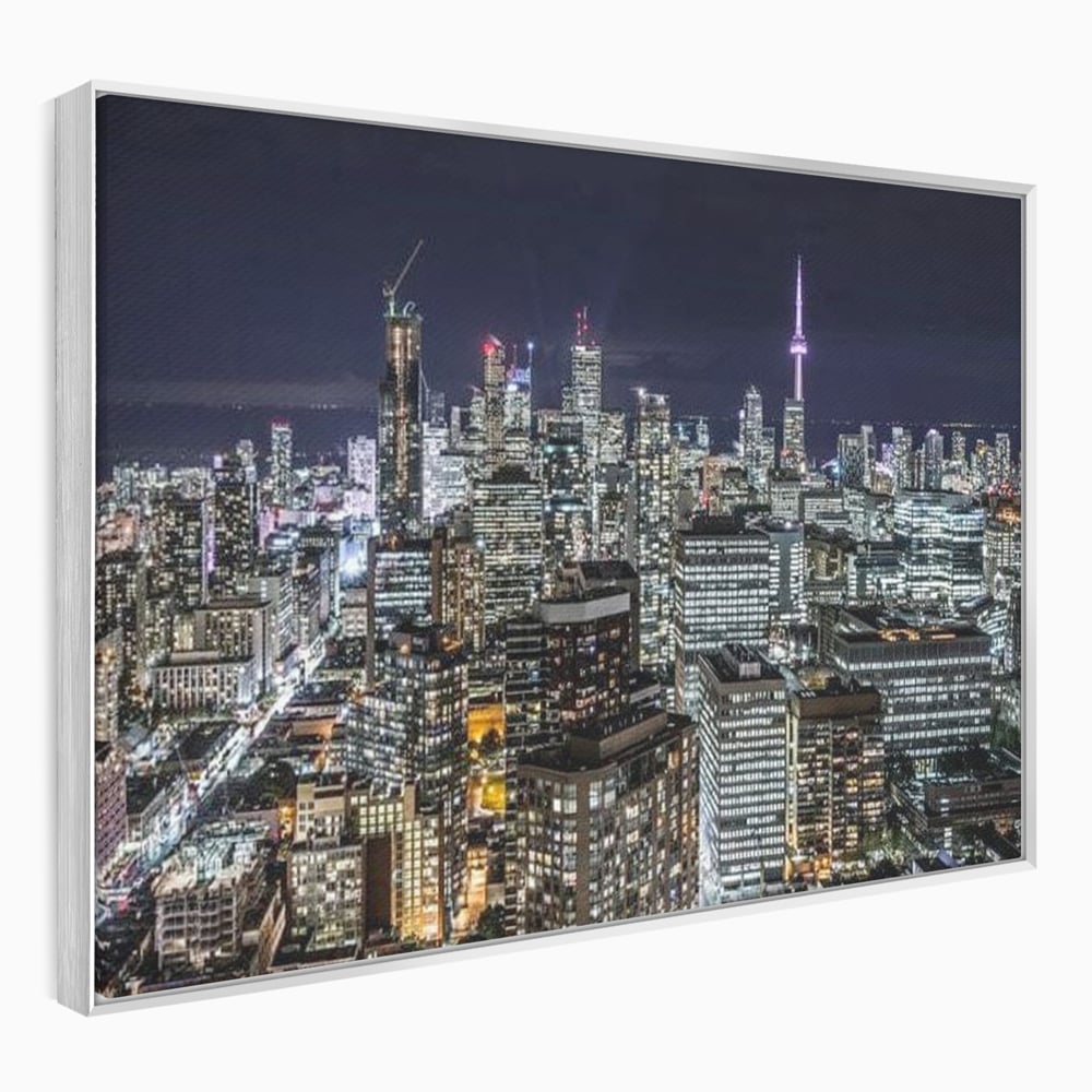 Tablou canvas cu panoramic nocturn cu toronto si cn tower, in rama de aluminiu argintiu