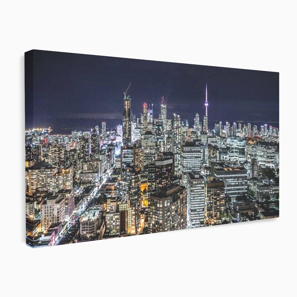 Tablou canvas cu panoramic nocturn cu toronto si cn tower, fara rama, pe sasiu de lemn