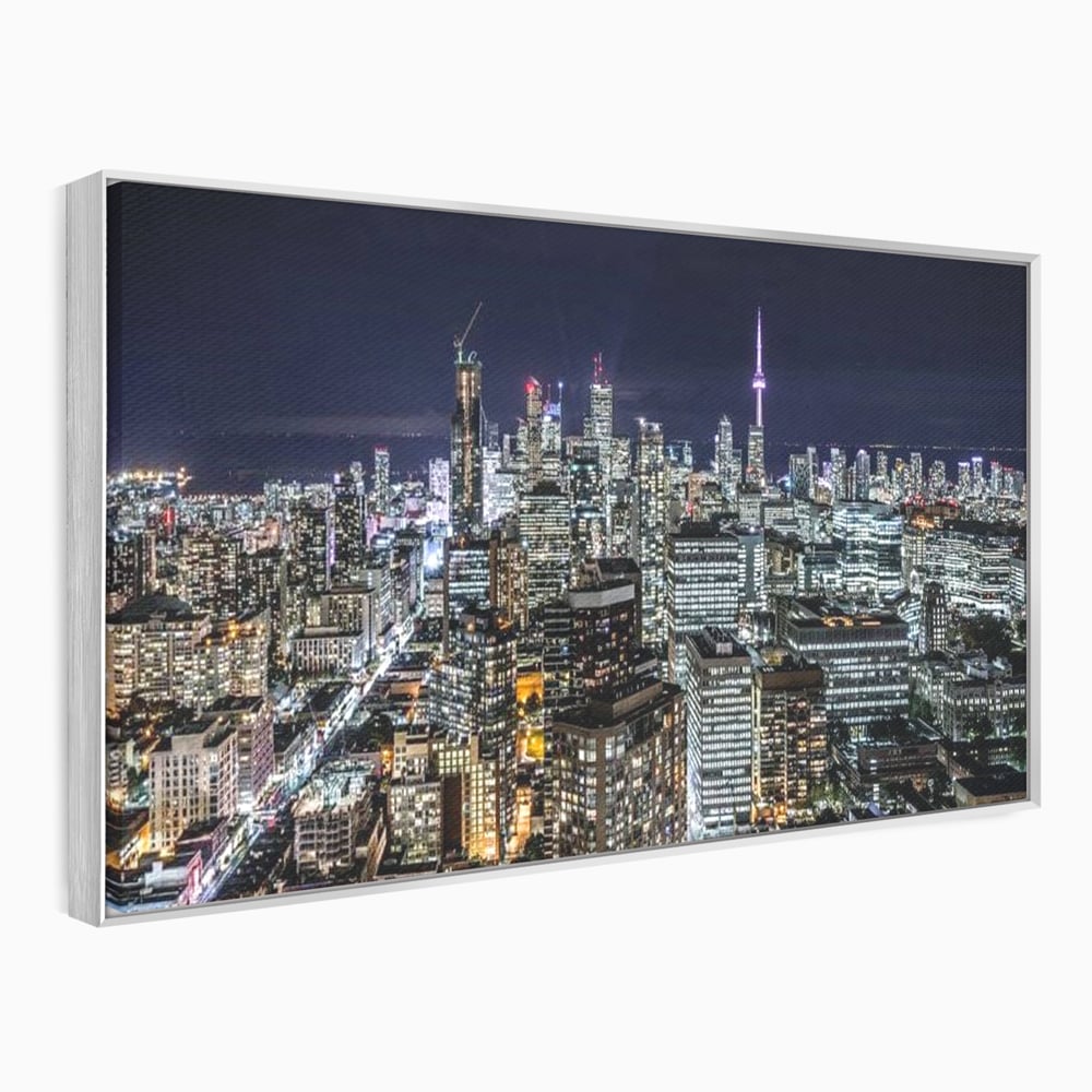 Tablou canvas cu panoramic nocturn cu toronto si cn tower, in rama de aluminiu argintiu