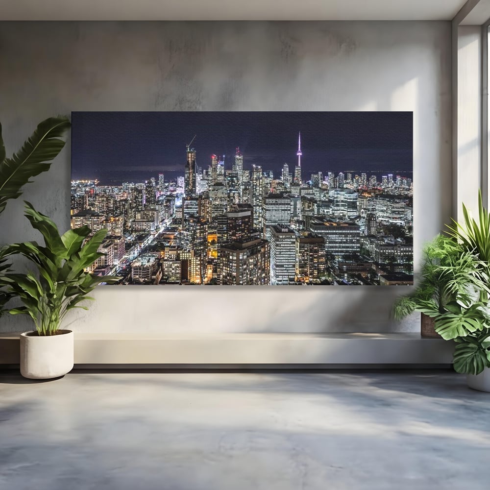 Tablou canvas cu panoramic nocturn cu toronto si cn tower, fara rama, pe sasiu de lemn