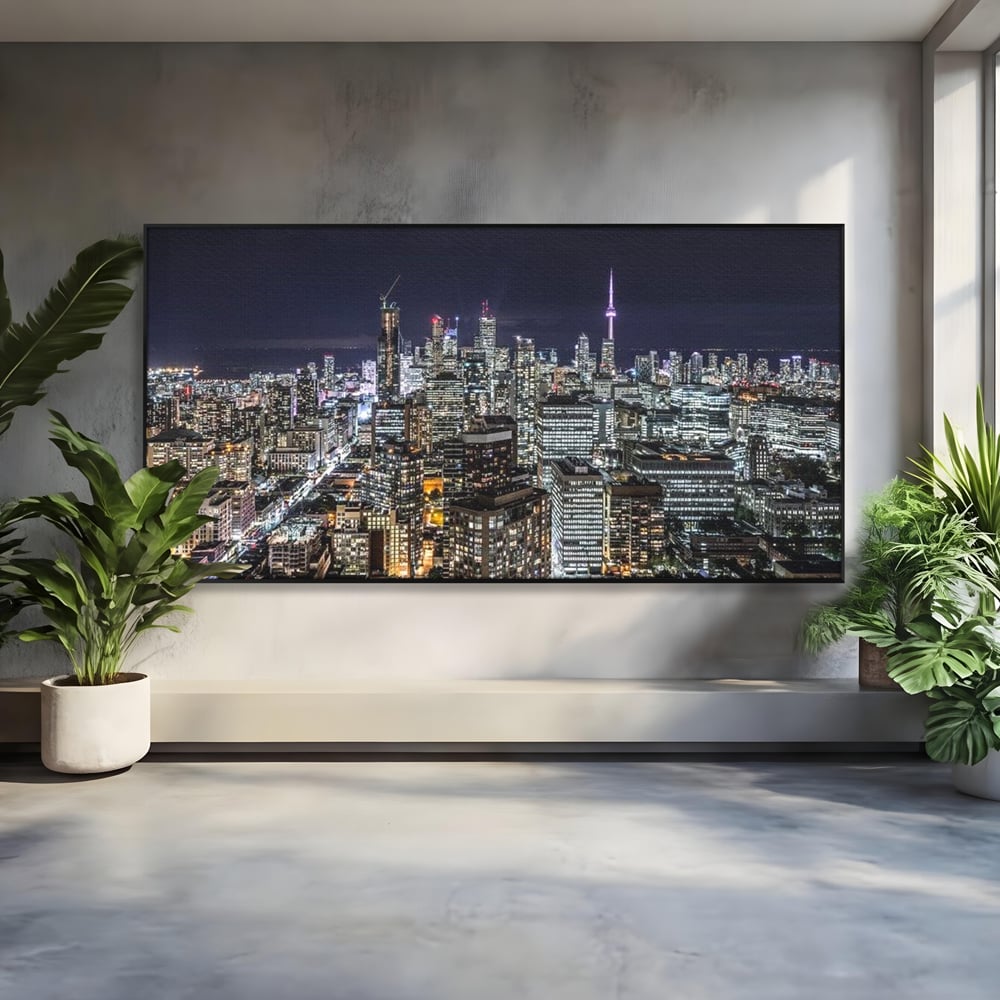 Tablou canvas cu panoramic nocturn cu toronto si cn tower, in rama de aluminiu negru