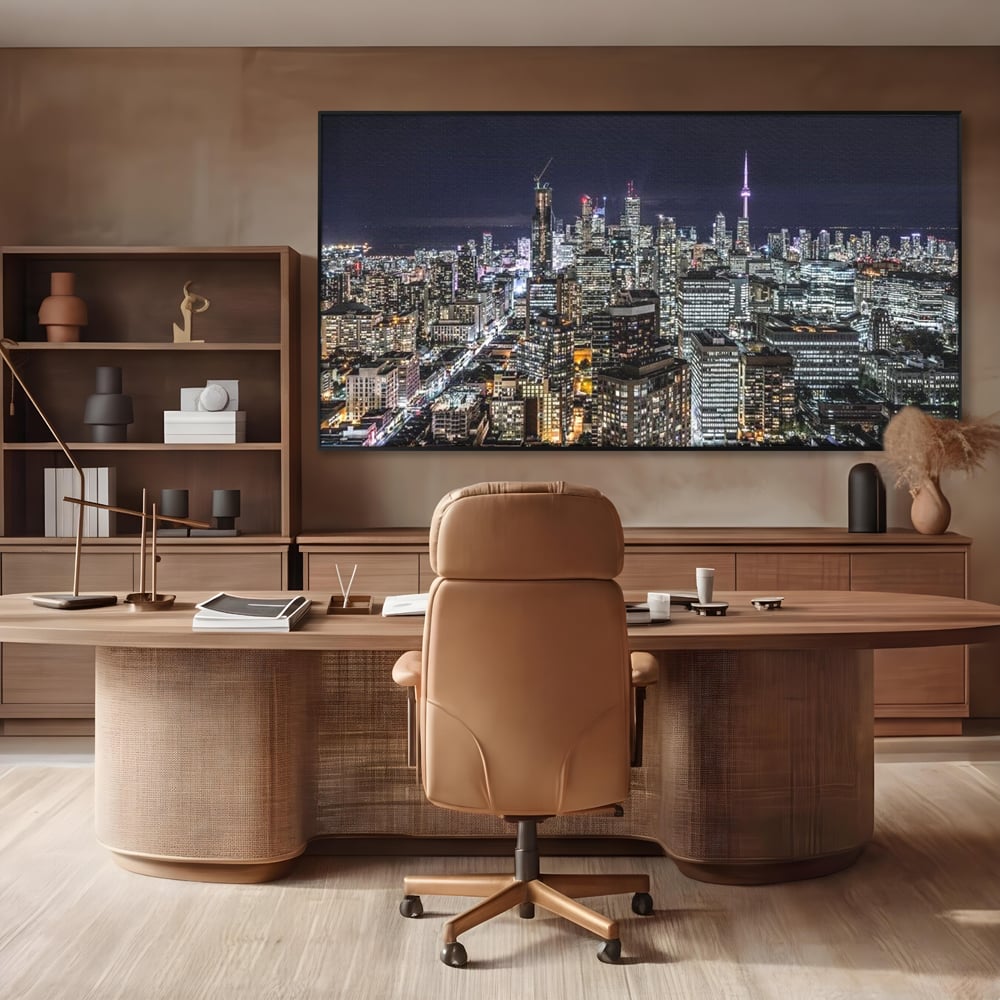 Tablou canvas cu panoramic nocturn cu toronto si cn tower, in rama de aluminiu negru, pe perete intr-un birou