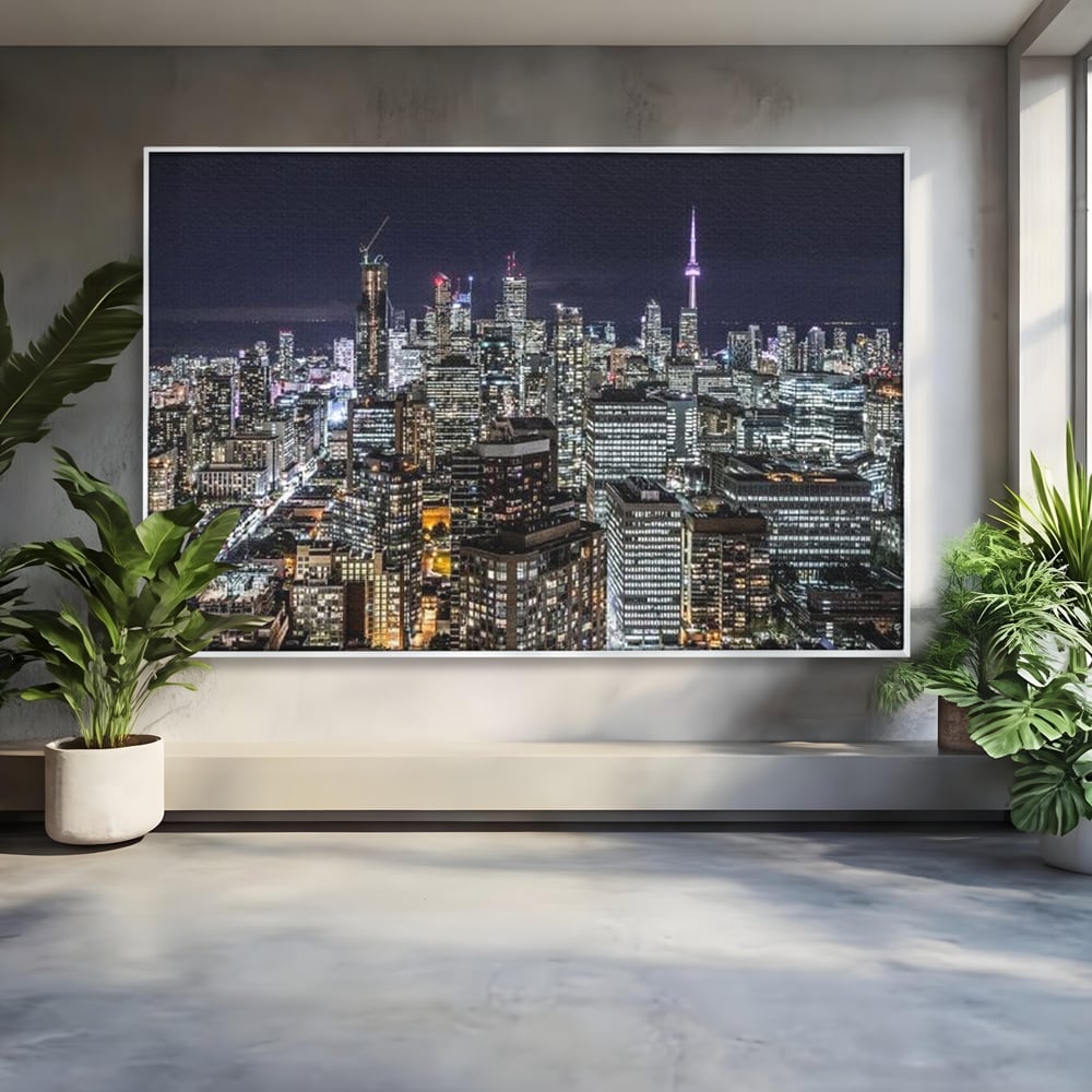 Tablou canvas cu panoramic nocturn cu toronto si cn tower, in rama de aluminiu argintiu