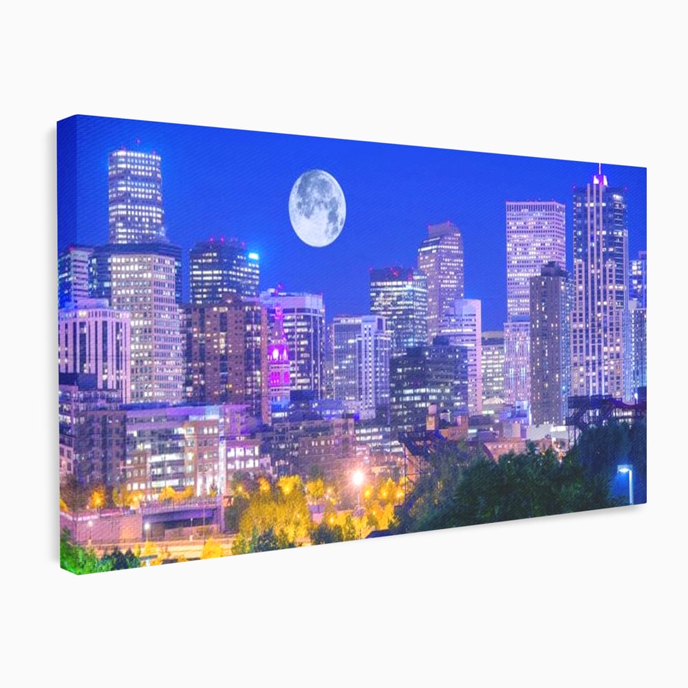 Tablou canvas cu tablou canvas cu peisaj urban nocturn si luna plina, fara rama, pe sasiu de lemn