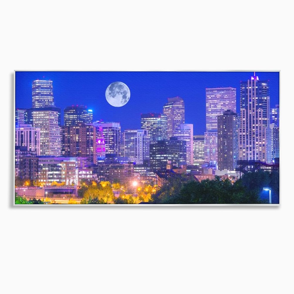 Tablou canvas cu tablou canvas cu peisaj urban nocturn si luna plina, in rama de aluminiu argintiu