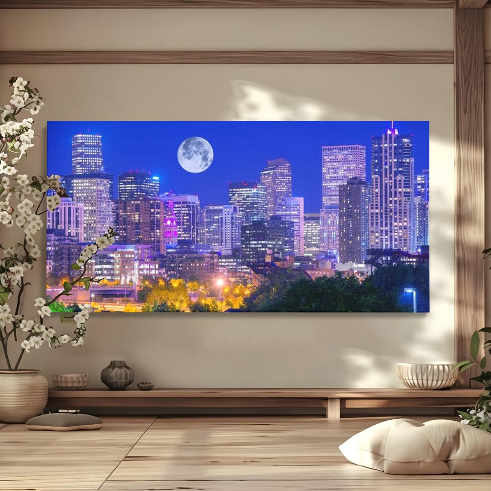 Tablou canvas cu tablou canvas cu peisaj urban nocturn si luna plina, fara rama, pe sasiu de lemn
