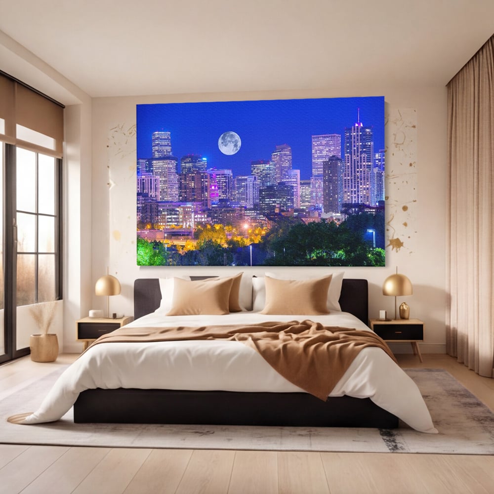 Tablou canvas cu tablou canvas cu peisaj urban nocturn si luna plina, fara rama, pe sasiu de lemn, pe perete intr-un dormitor