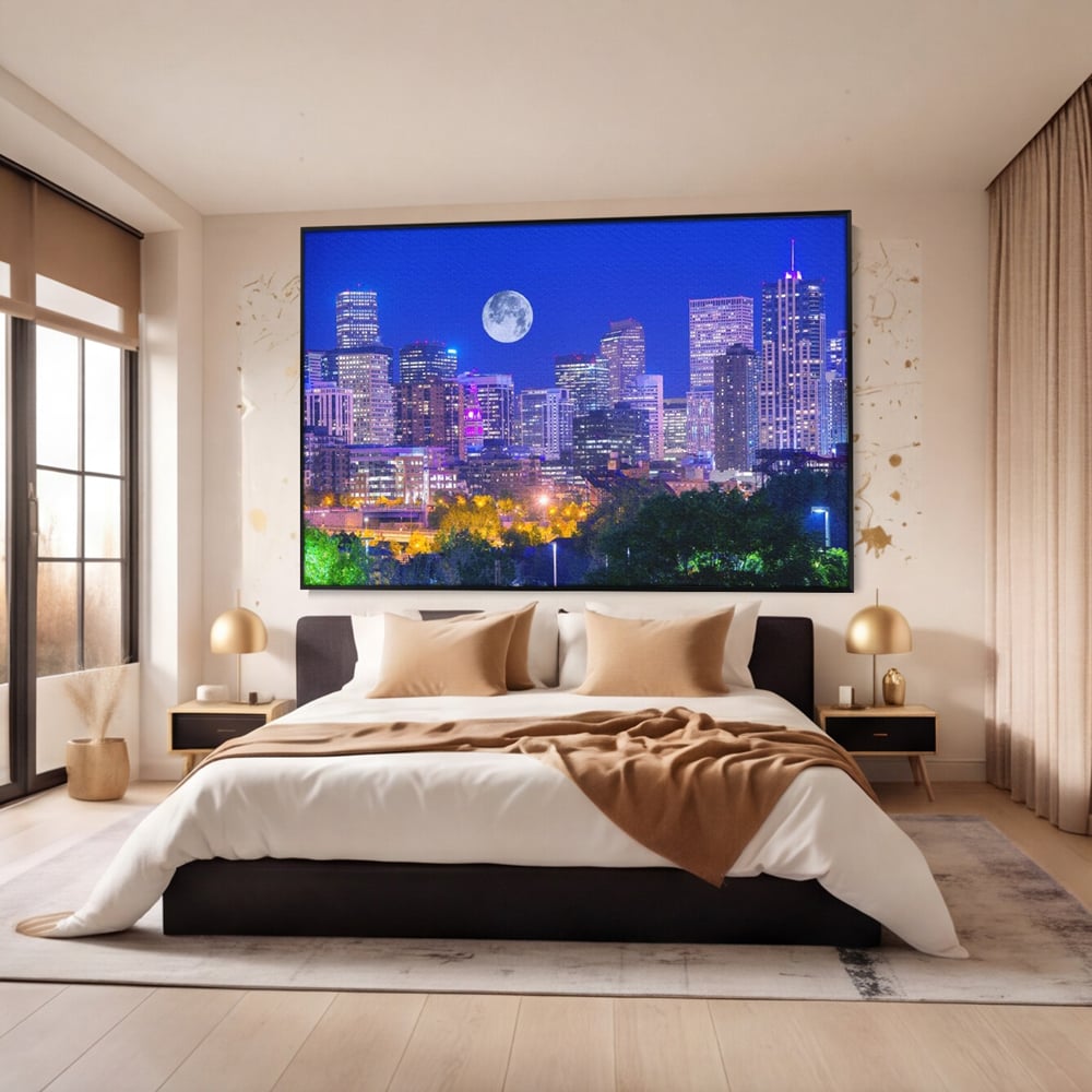 Tablou canvas cu tablou canvas cu peisaj urban nocturn si luna plina, in rama de aluminiu negru, pe perete intr-un dormitor