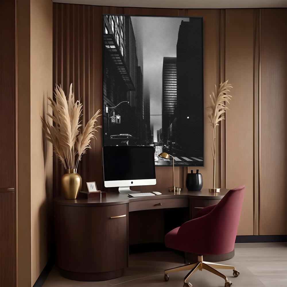 Tablou canvas cu tablou canvas cu oras in ceata, in rama de aluminiu negru, pe perete intr-un birou