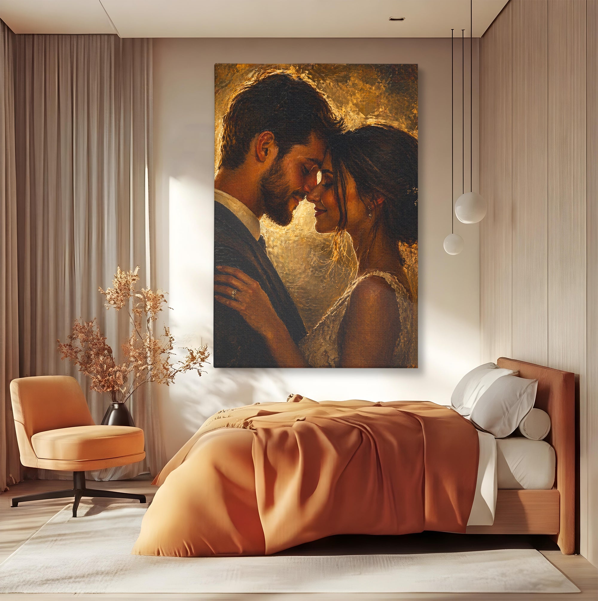 Tablou canvas cu pictura clasica cu mire si mireasa, pe perete intr-un dormitor