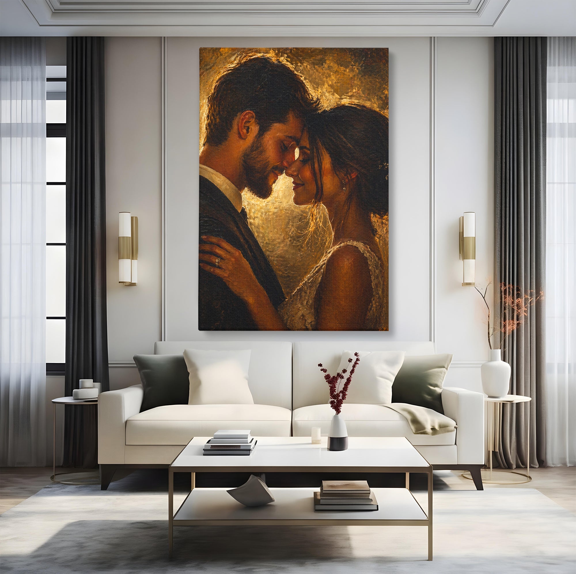 Tablou canvas cu pictura clasica cu mire si mireasa, pe perete intr-un living